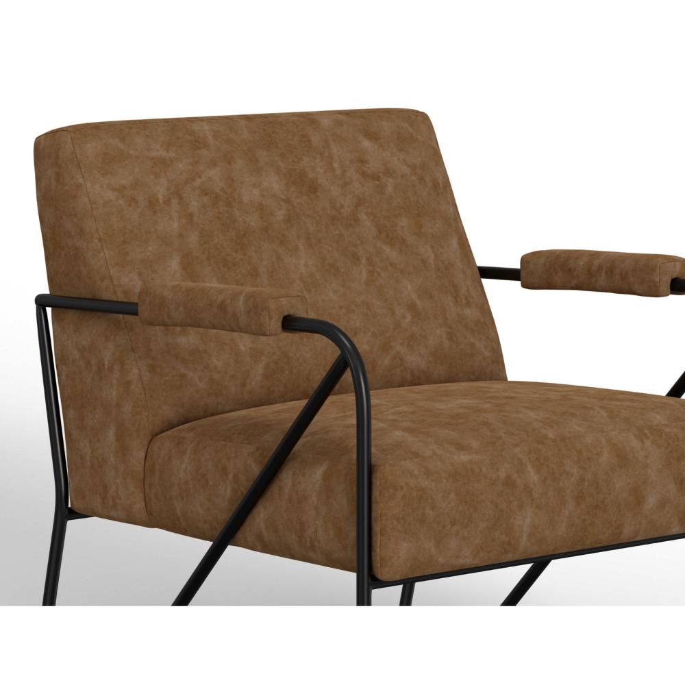 Benjara Levy Accent Chair, Cognac Brown Faux Leather, Soft Plush Foam, Black Metal