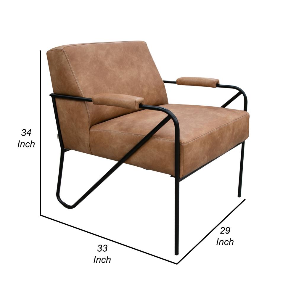 Benjara Levy Accent Chair, Cognac Brown Faux Leather, Soft Plush Foam, Black Metal