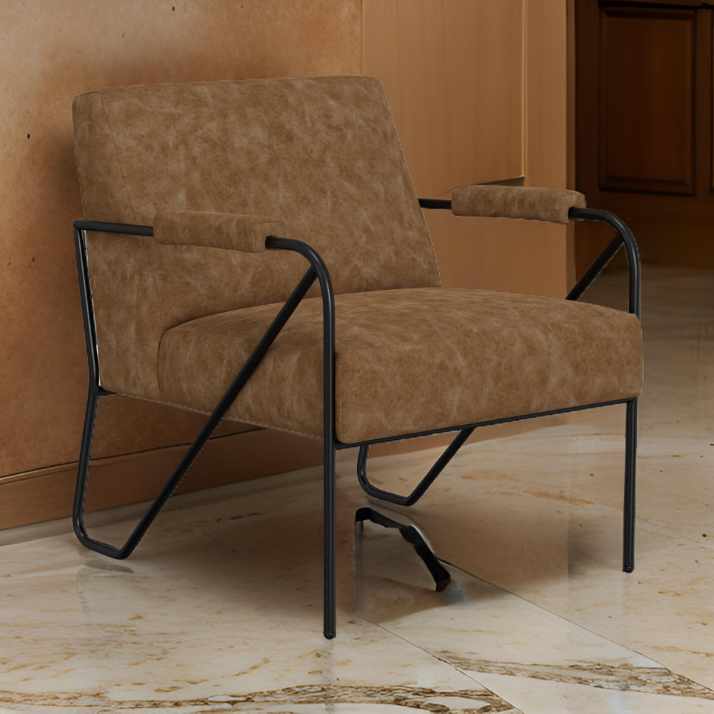 Benjara Levy Accent Chair, Cognac Brown Faux Leather, Soft Plush Foam, Black Metal