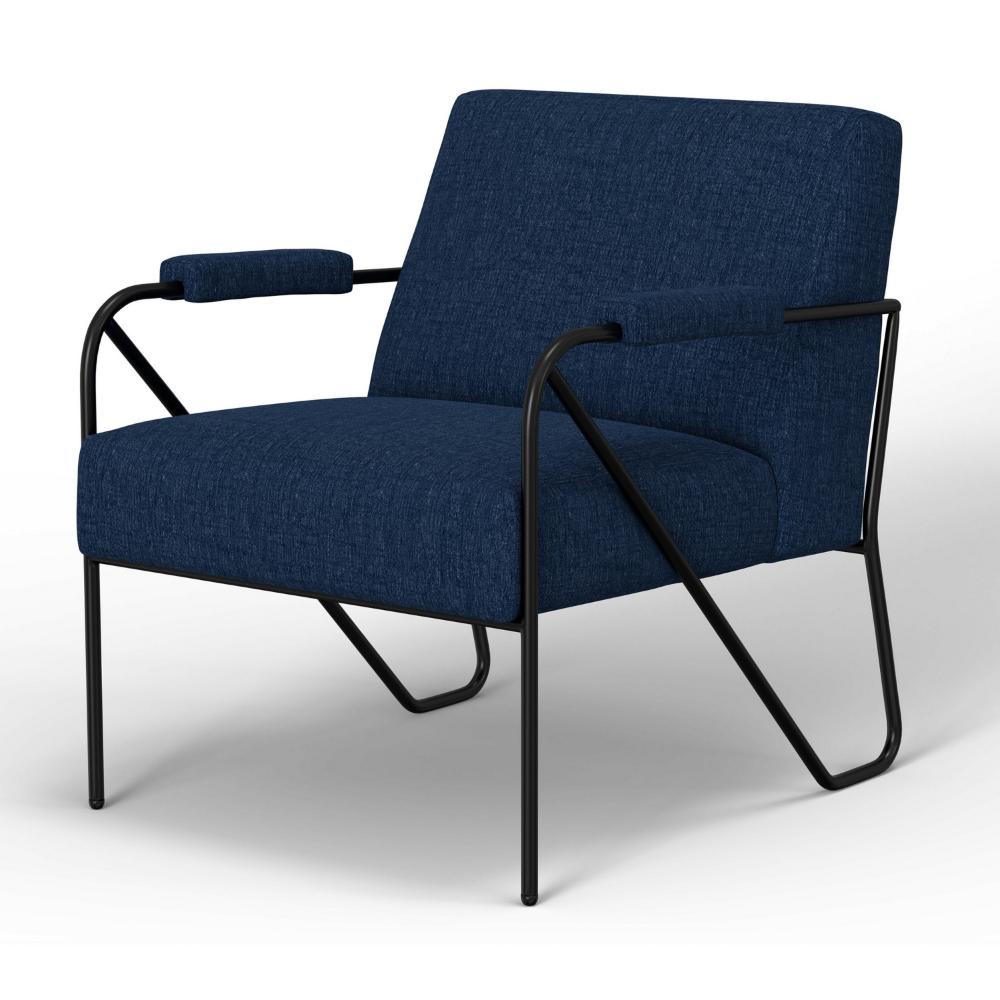 Benjara Levy Accent Chair, Navy Blue Polyester, Soft Plush Foam, Black Metal Frame