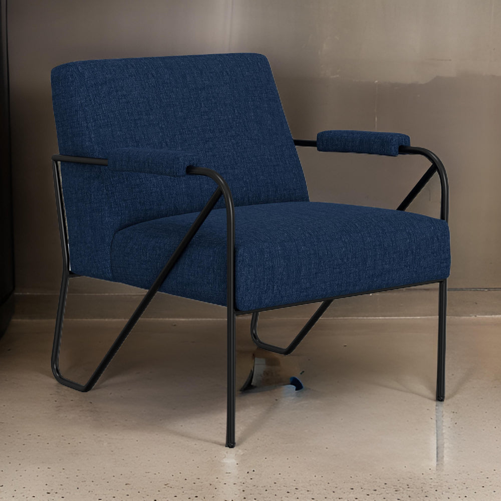 Benjara Levy Accent Chair, Navy Blue Polyester, Soft Plush Foam, Black Metal Frame