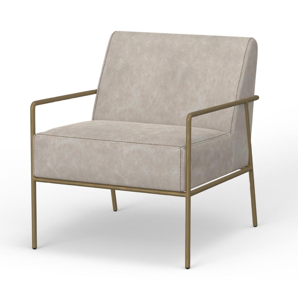 Benjara Zili Accent Chair, Gray Faux Leather, Plush Foam, Sleek Gold Metal Finish
