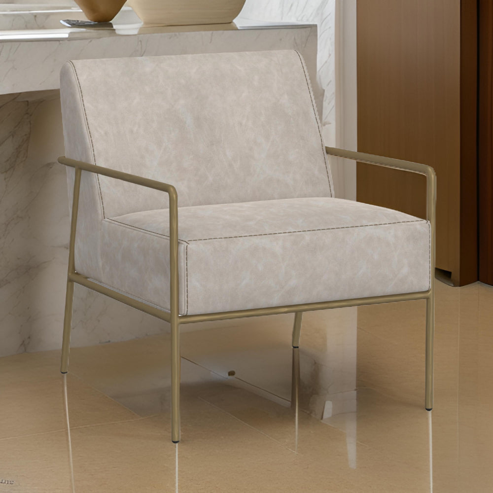 Benjara Zili Accent Chair, Gray Faux Leather, Plush Foam, Sleek Gold Metal Finish