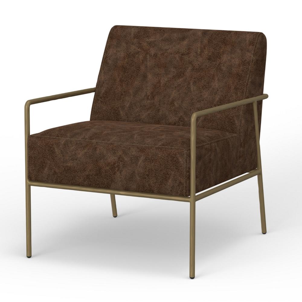 Benjara Zili Accent Chair, Chocolate Brown Faux Leather, Plush Foam, Gold Metal