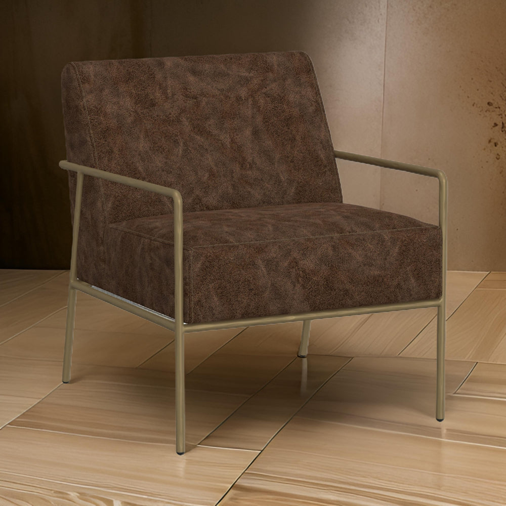 Benjara Zili Accent Chair, Chocolate Brown Faux Leather, Plush Foam, Gold Metal