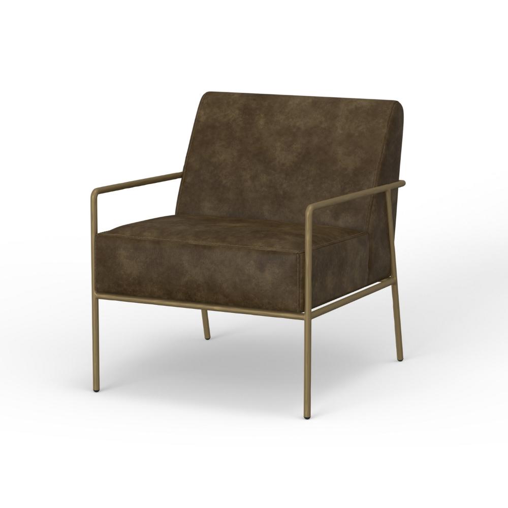 Benjara Zili Accent Chair, Brown Faux Leather, Plush Foam, Sleek Gold Metal Finish