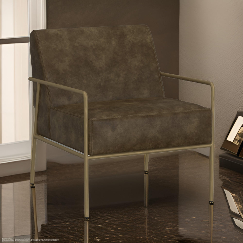 Benjara Zili Accent Chair, Brown Faux Leather, Plush Foam, Sleek Gold Metal Finish