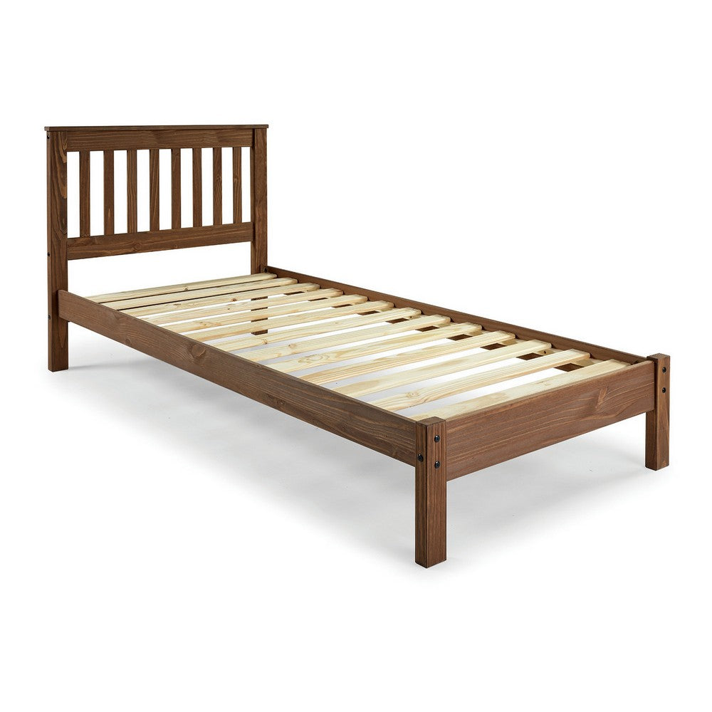 Benjara Octa Twin Bed, Plank Style, Rustic, Brazilian Pine Wood, Mahogany