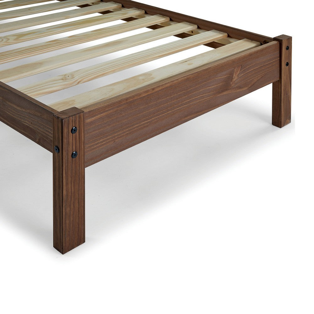 Benjara Octa Twin Bed, Plank Style, Rustic, Brazilian Pine Wood, Mahogany