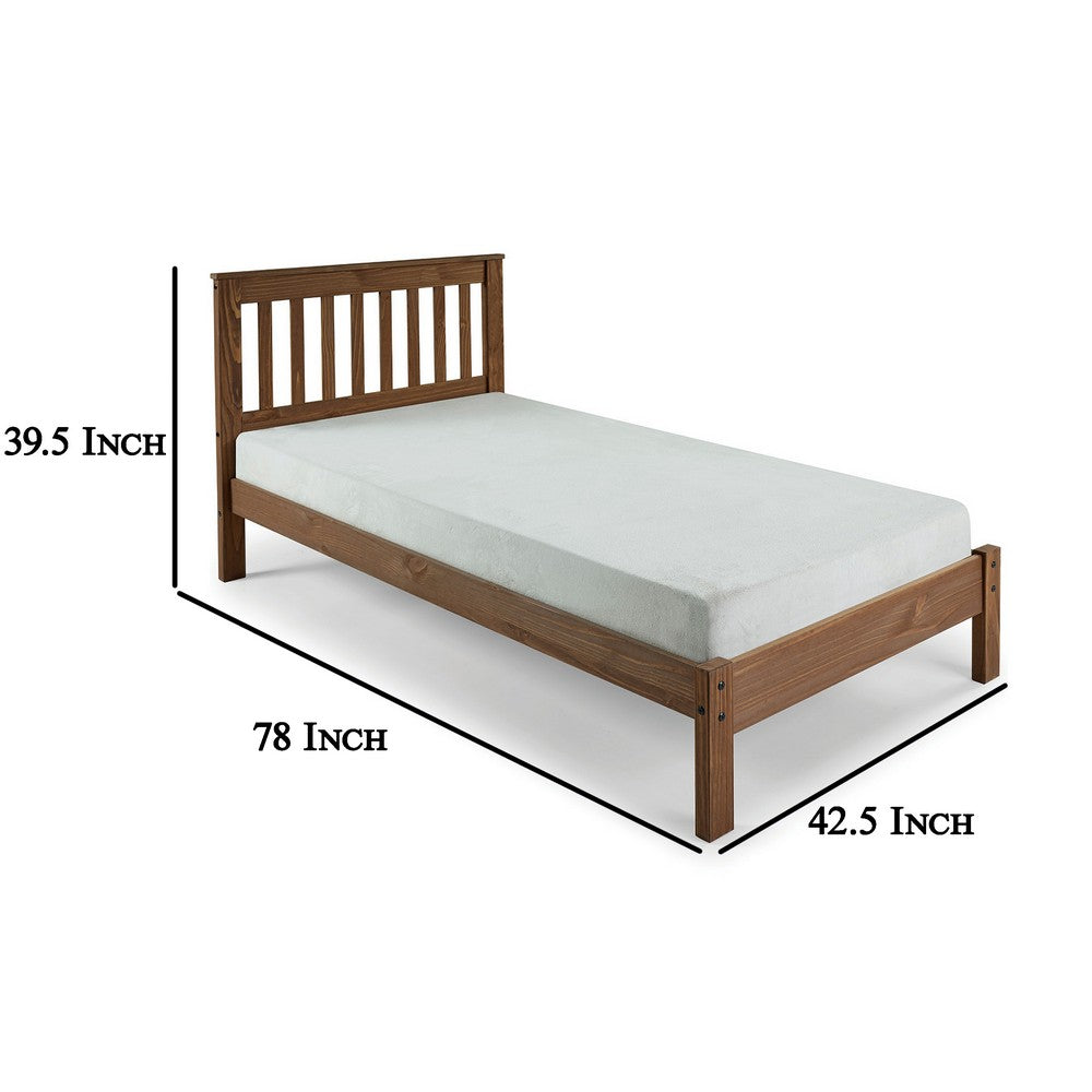 Benjara Octa Twin Bed, Plank Style, Rustic, Brazilian Pine Wood, Mahogany