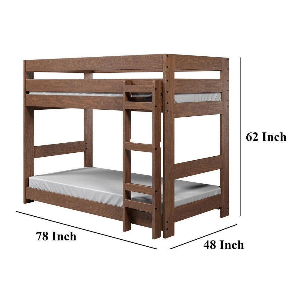 Benjara Twin/Twin Bunk Bed with Ladder, Brazilian Pine, Solid Wood, Mahogany