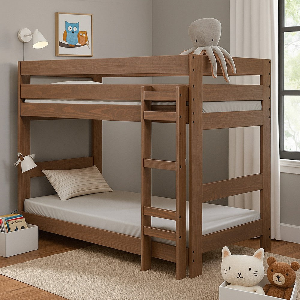 Benjara Twin/Twin Bunk Bed with Ladder, Brazilian Pine, Solid Wood, Mahogany