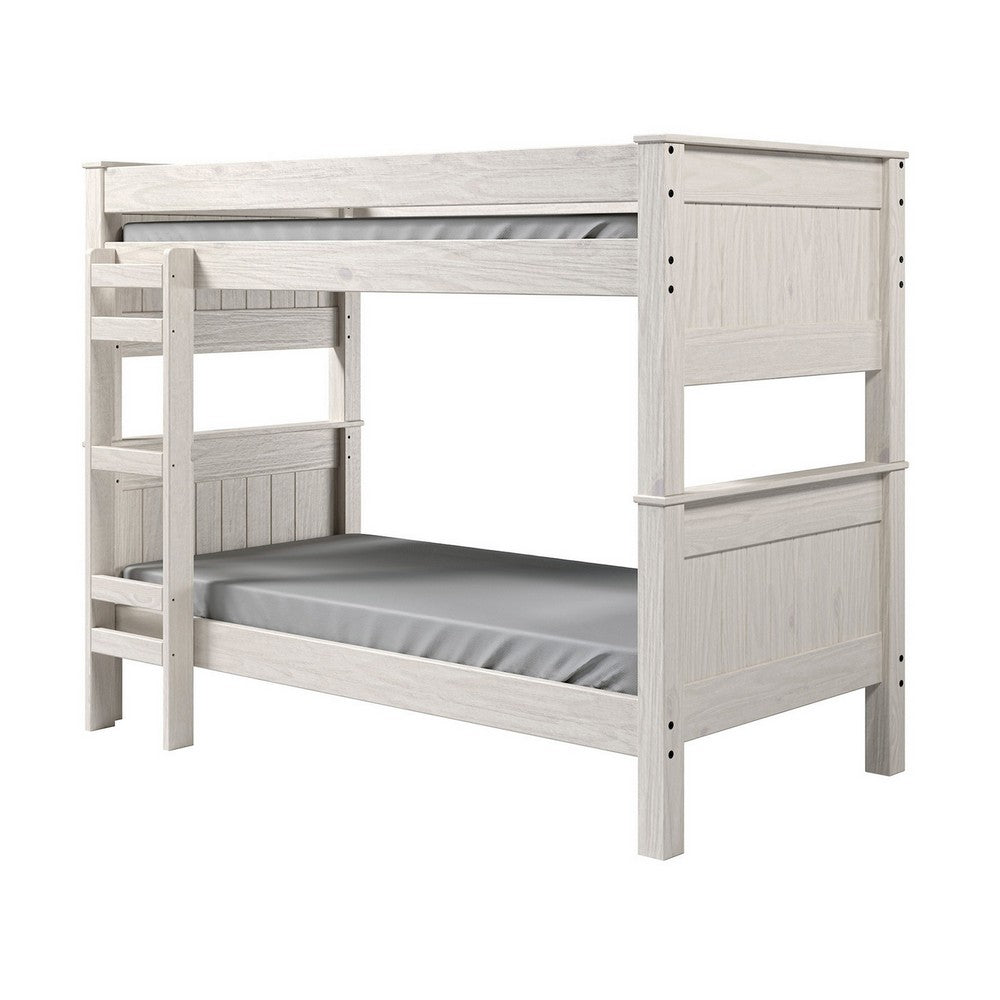 Benjara Twin/Twin Bunk Bed with Ladder, Brazilian Pine, Solid Wood, White
