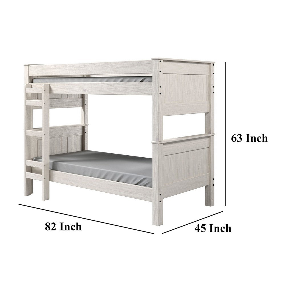 Benjara Twin/Twin Bunk Bed with Ladder, Brazilian Pine, Solid Wood, White