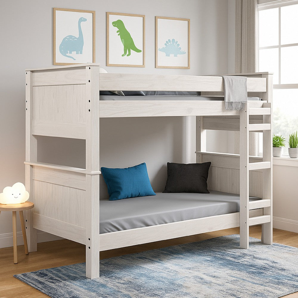 Benjara Twin/Twin Bunk Bed with Ladder, Brazilian Pine, Solid Wood, White