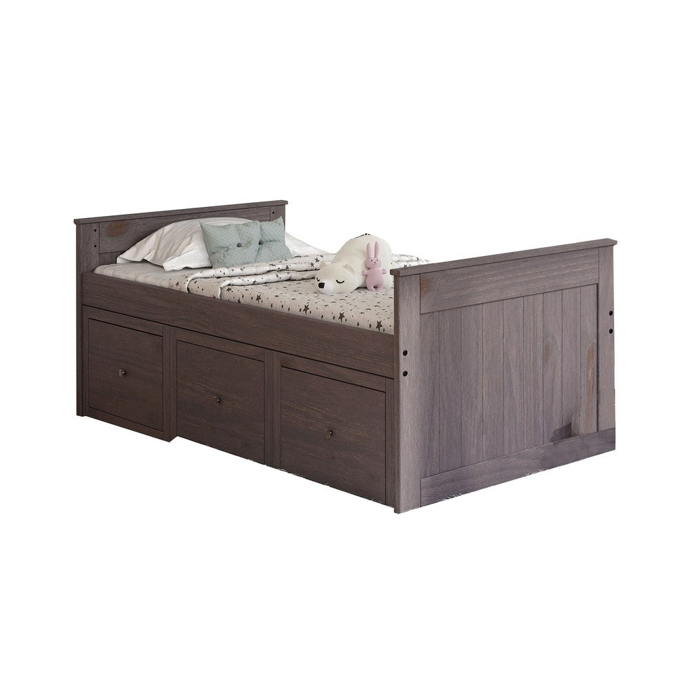 Benjara Mari Twin Captain Bed with Drawers, Rustic, Brazilian Pine, Wood, Gray