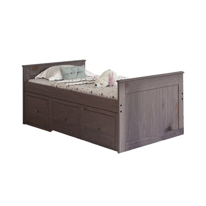 Benjara Mari Twin Captain Bed with Drawers, Rustic, Brazilian Pine, Wood, Gray
