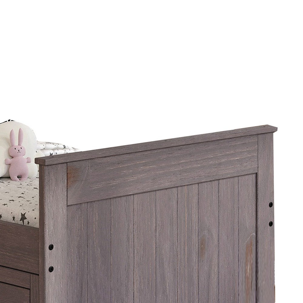 Benjara Mari Twin Captain Bed with Drawers, Rustic, Brazilian Pine, Wood, Gray