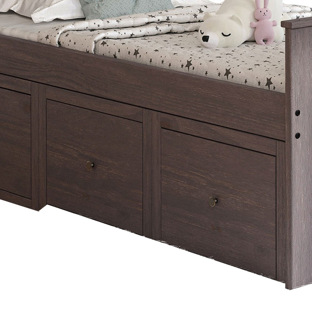 Benjara Mari Twin Captain Bed with Drawers, Rustic, Brazilian Pine, Wood, Gray