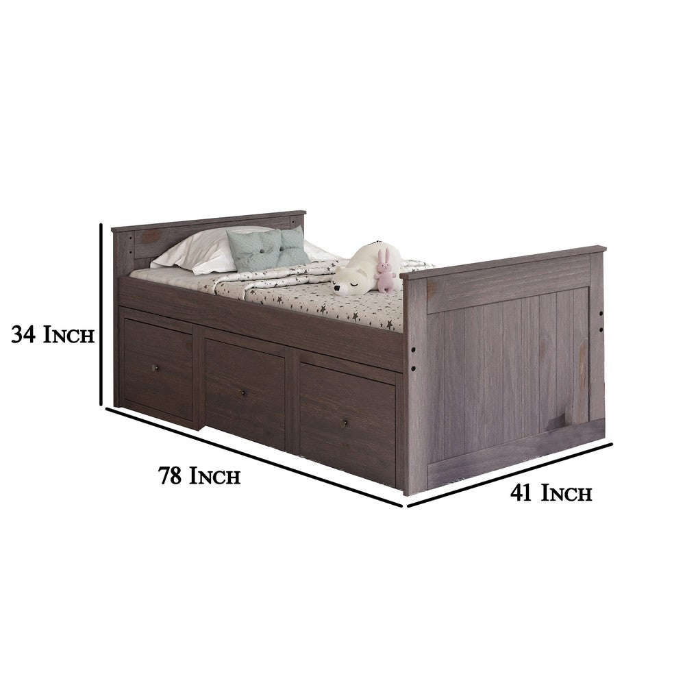 Benjara Mari Twin Captain Bed with Drawers, Rustic, Brazilian Pine, Wood, Gray