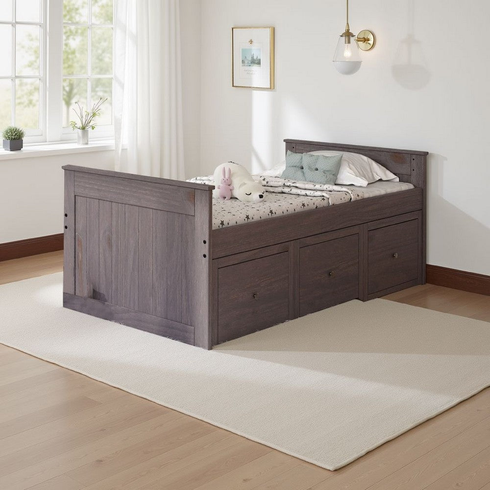 Benjara Mari Twin Captain Bed with Drawers, Rustic, Brazilian Pine, Wood, Gray