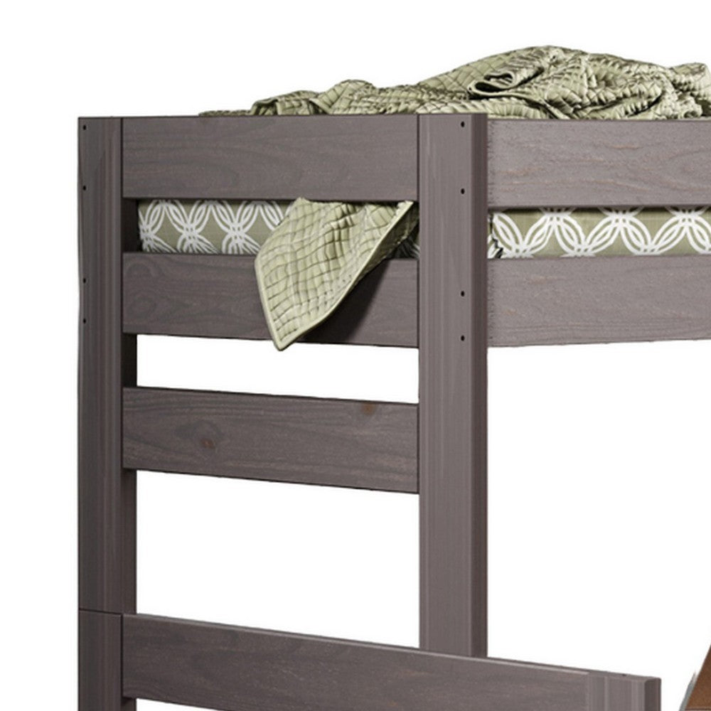 Benjara Damie Twin/Full Bunk Bed with Ladder, Brazilian Pine, Gray Solid Wood