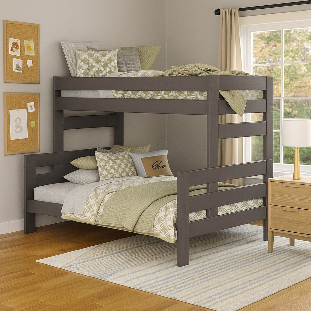 Benjara Damie Twin/Full Bunk Bed with Ladder, Brazilian Pine, Gray Solid Wood