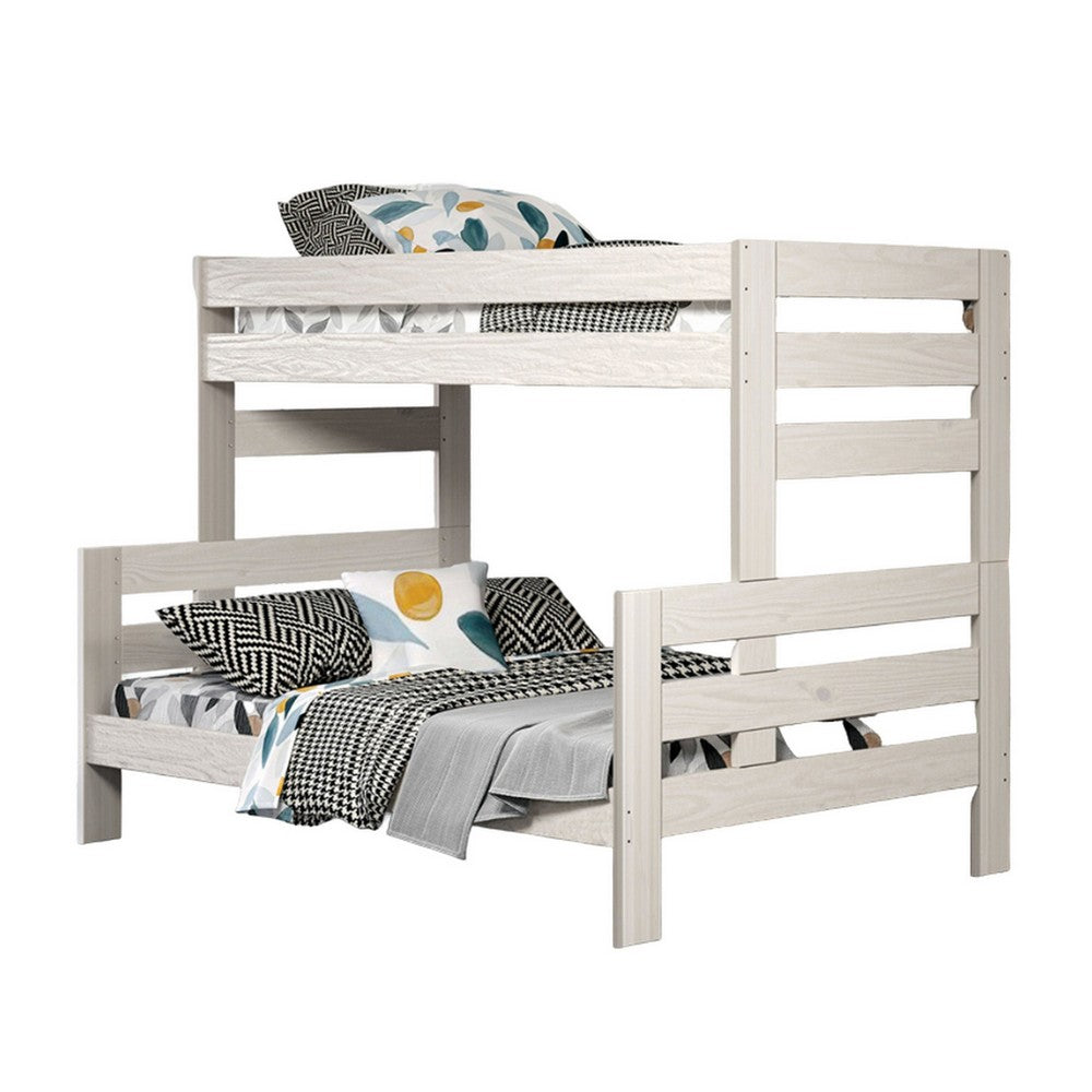 Benjara Damie Twin/Full Bunk Bed with Ladder, Brazilian Pine, White Solid Wood