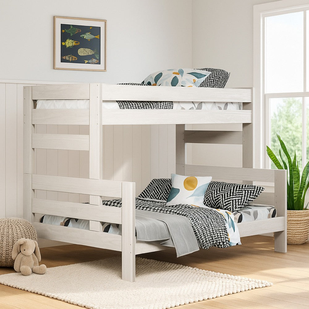 Benjara Damie Twin/Full Bunk Bed with Ladder, Brazilian Pine, White Solid Wood