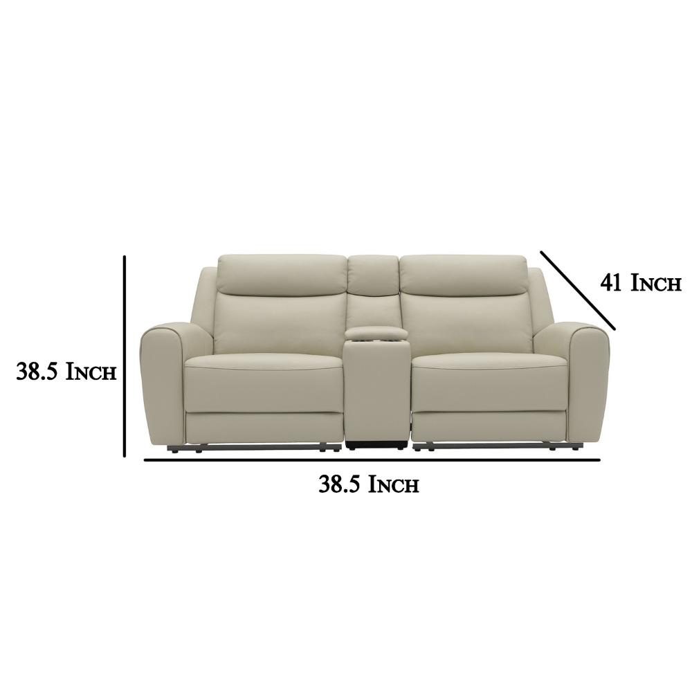 Benjara Cobe Manual Recliner Loveseat, 41 Inch, Center Console, Grain Beige Leather