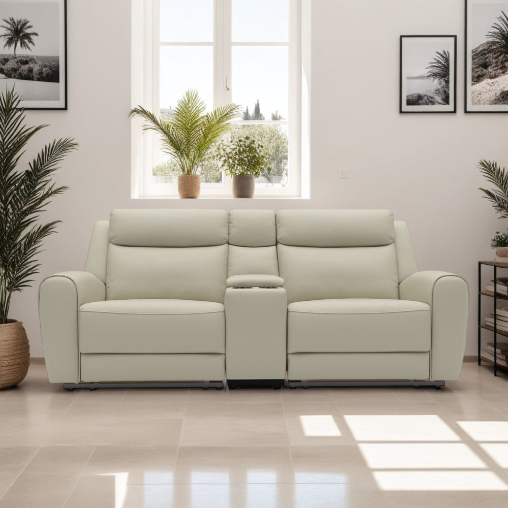 Benjara Cobe Manual Recliner Loveseat, 41 Inch, Center Console, Grain Beige Leather