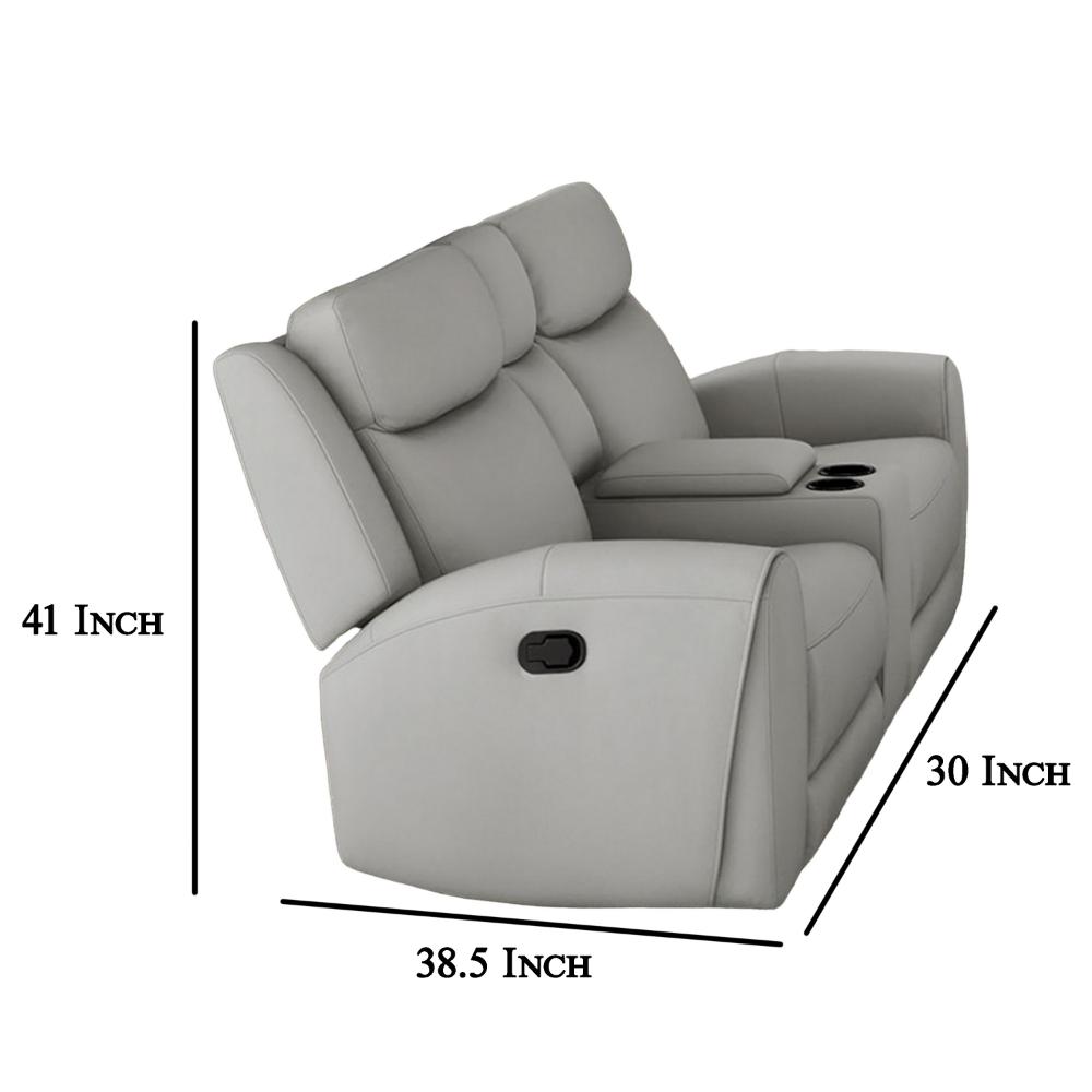 Benjara Cobe Manual Recliner Loveseat, 41 Inch, Center Console, Grain Gray Leather
