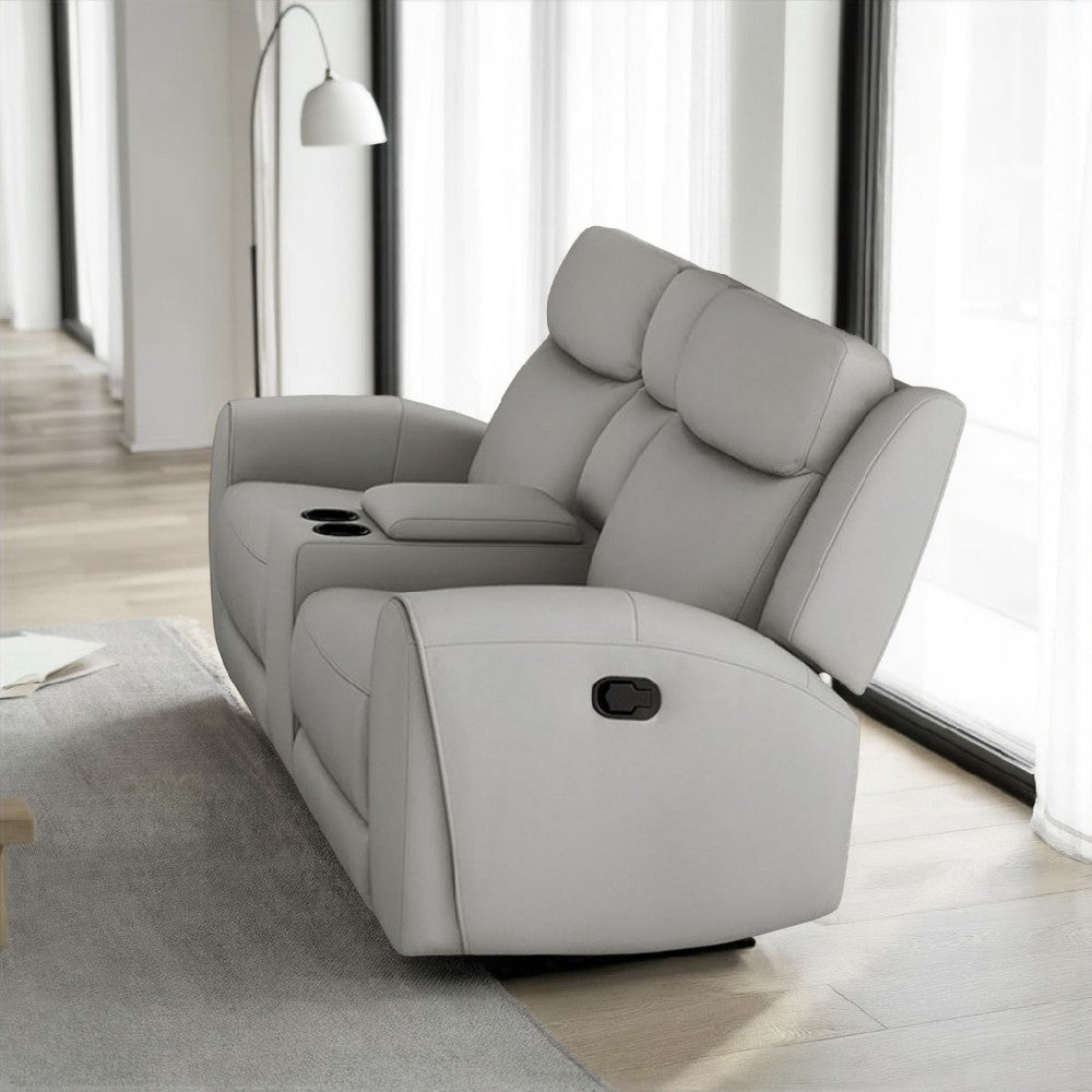 Benjara Cobe Manual Recliner Loveseat, 41 Inch, Center Console, Grain Gray Leather
