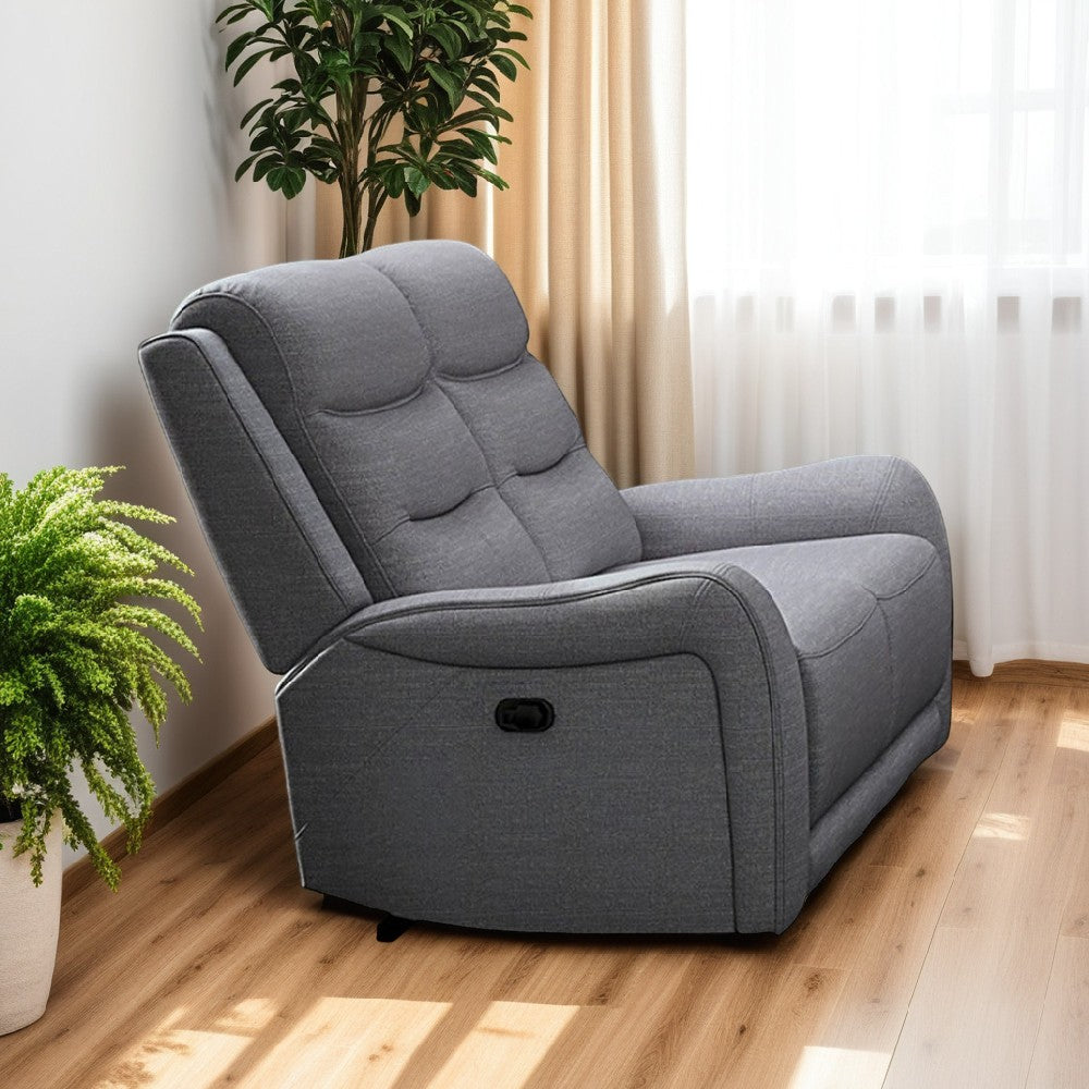 Benjara Clair Manual Recliner Loveseat, Scrolled Arms, 40 Inch, Solid Wood, Gray