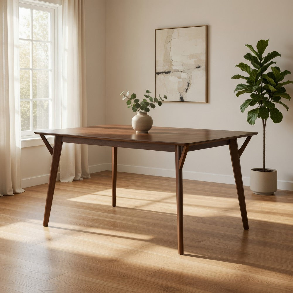 Benjara Skie Dining Table, 59 Inch Rectangular Top, Angled Legs, Brown Solid Wood