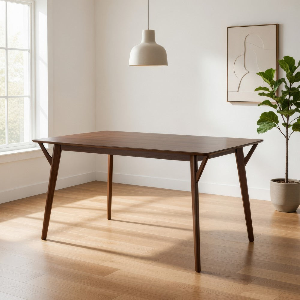 Benjara Skie Dining Table, 59 Inch Rectangular Top, Angled Legs, Brown Solid Wood
