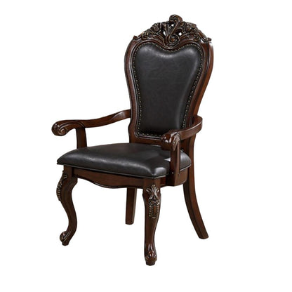 Benjara Zenie Dining Armchair Set of 2, Carved Cabriole, Faux Leather, Cherry Brown