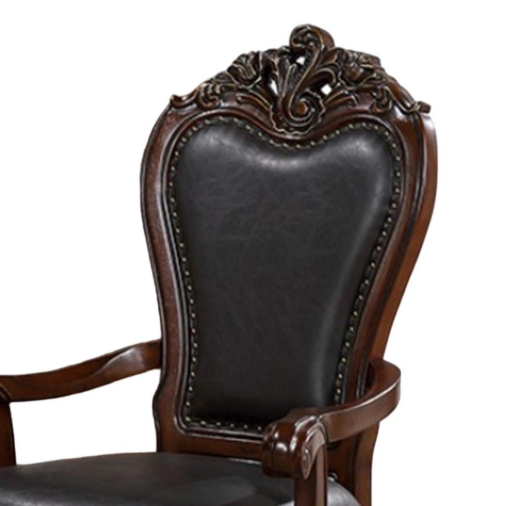Benjara Zenie Dining Armchair Set of 2, Carved Cabriole, Faux Leather, Cherry Brown