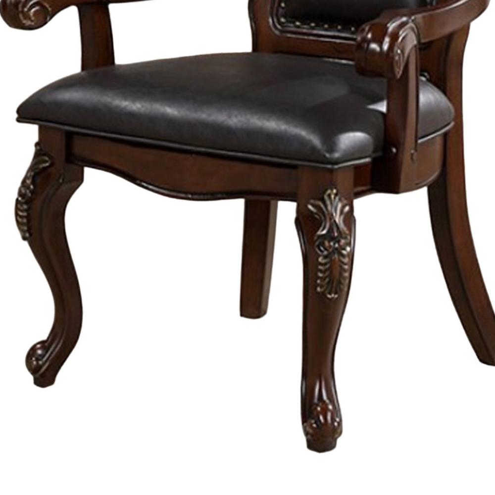 Benjara Zenie Dining Armchair Set of 2, Carved Cabriole, Faux Leather, Cherry Brown