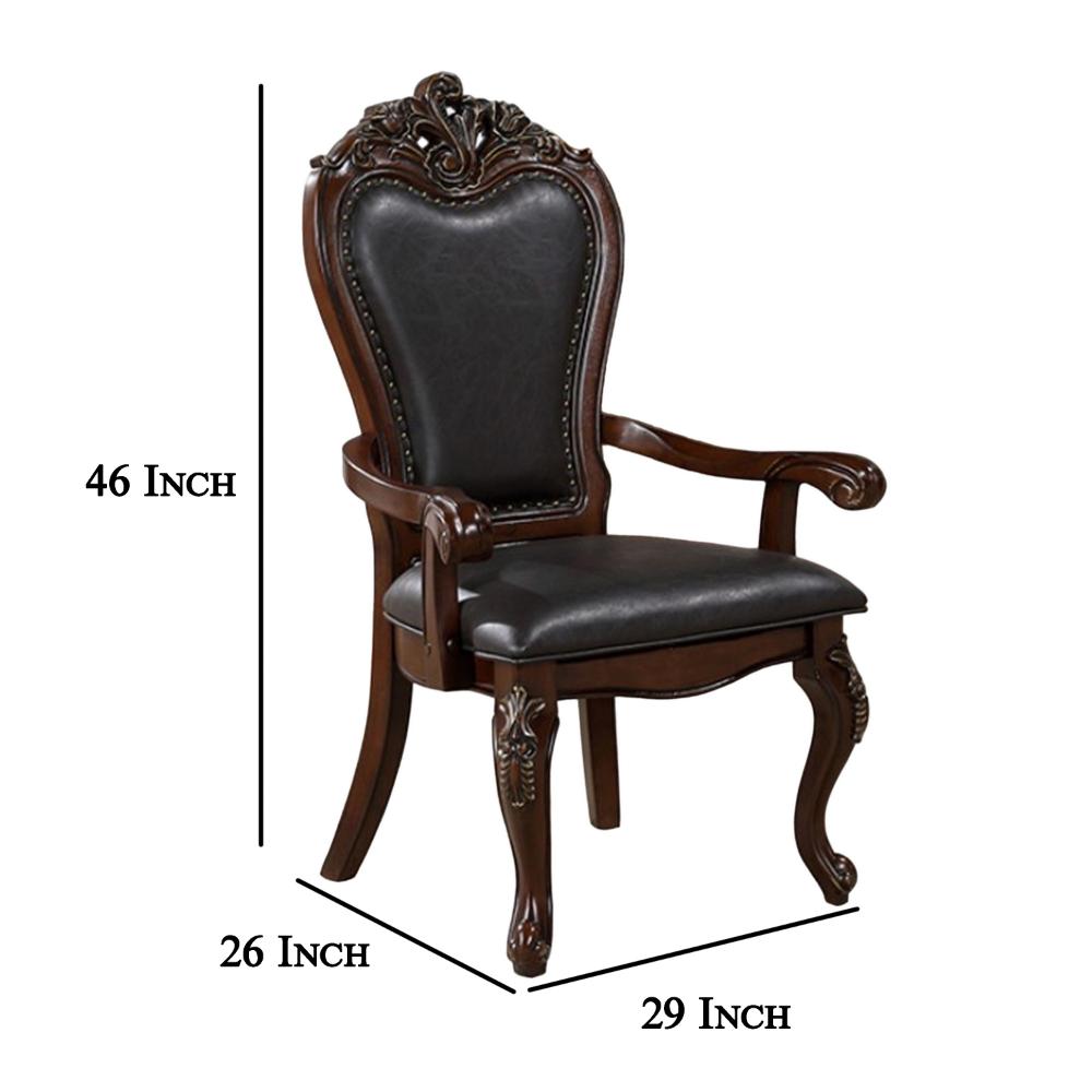 Benjara Zenie Dining Armchair Set of 2, Carved Cabriole, Faux Leather, Cherry Brown