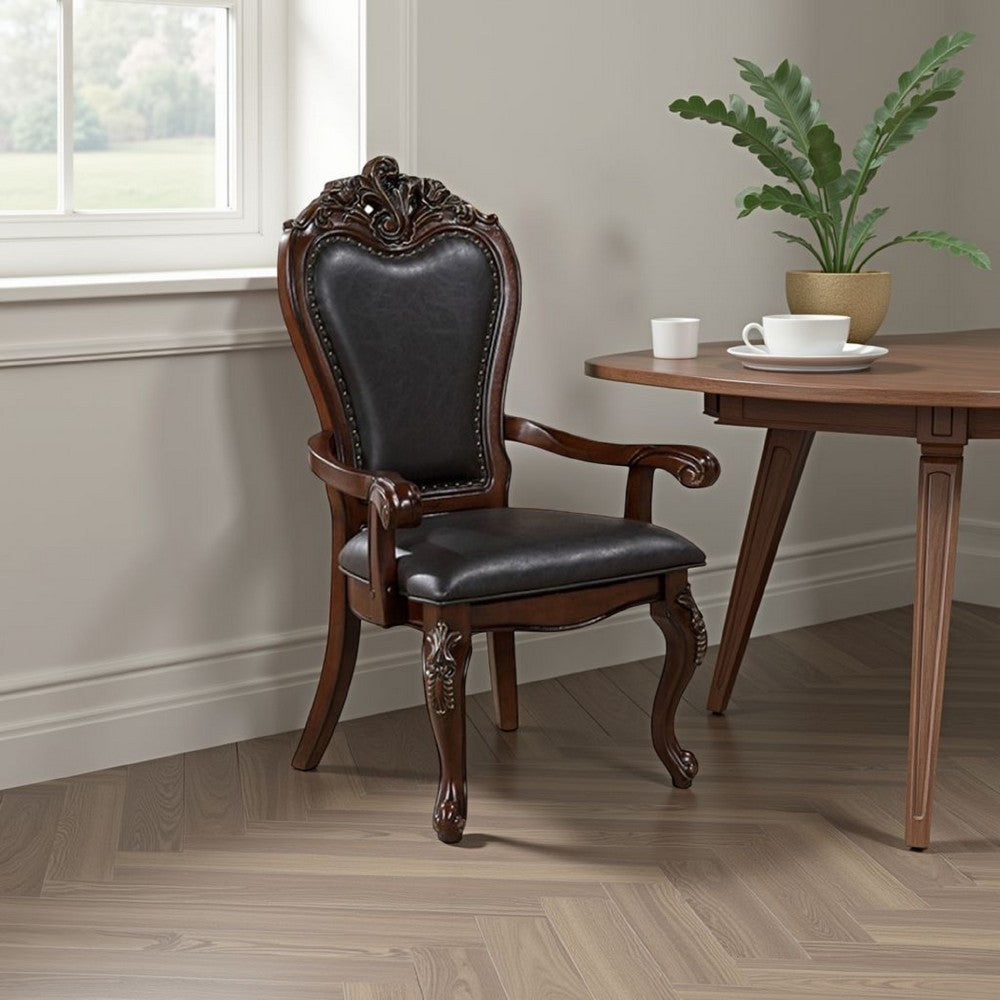 Benjara Zenie Dining Armchair Set of 2, Carved Cabriole, Faux Leather, Cherry Brown