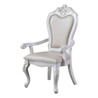 Benjara Zenie Dining Armchair Set of 2, Carved Cabriole, Faux Leather, White Wood