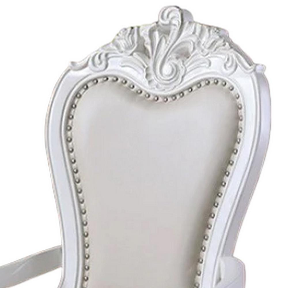 Benjara Zenie Dining Armchair Set of 2, Carved Cabriole, Faux Leather, White Wood