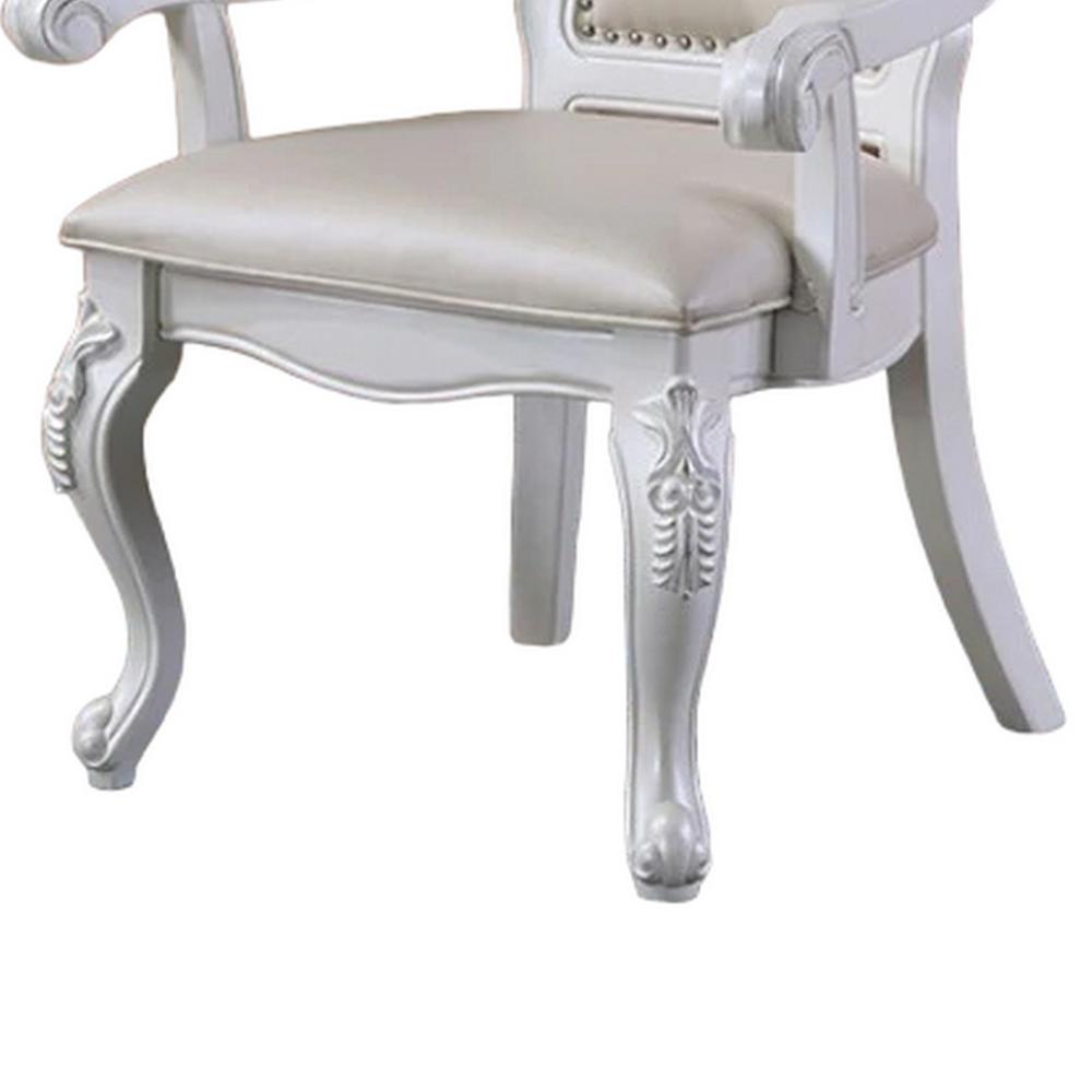 Benjara Zenie Dining Armchair Set of 2, Carved Cabriole, Faux Leather, White Wood