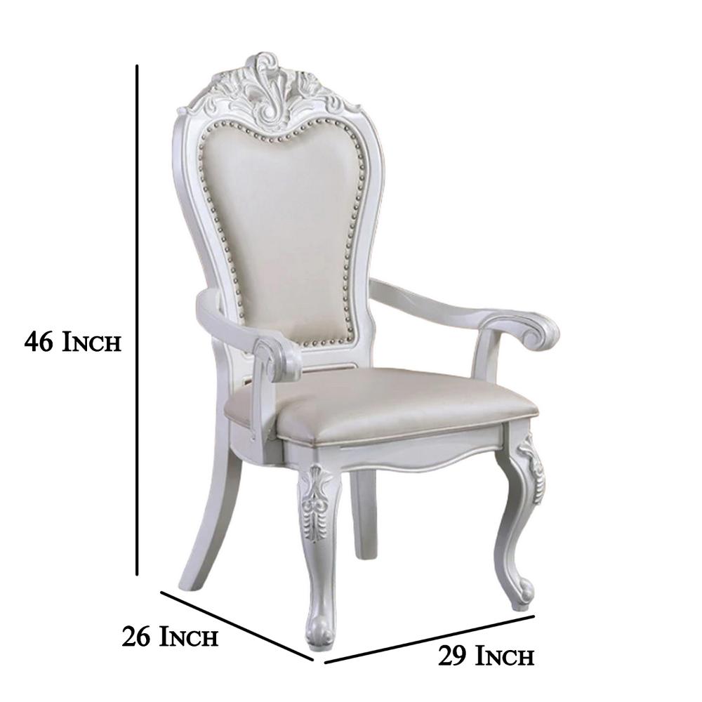 Benjara Zenie Dining Armchair Set of 2, Carved Cabriole, Faux Leather, White Wood