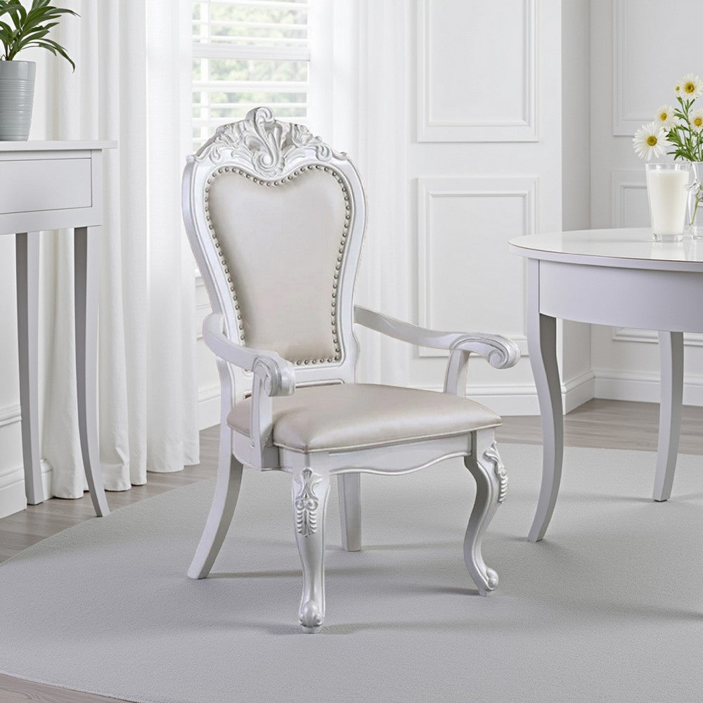 Benjara Zenie Dining Armchair Set of 2, Carved Cabriole, Faux Leather, White Wood