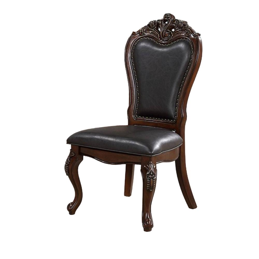 Benjara Zenie Dining Side Chair Set of 2, Cabriole Legs, Faux Leather, Cherry Brown