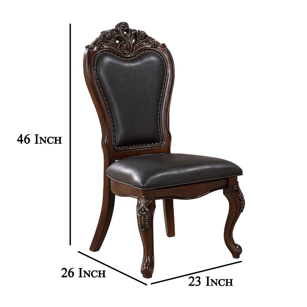 Benjara Zenie Dining Side Chair Set of 2, Cabriole Legs, Faux Leather, Cherry Brown