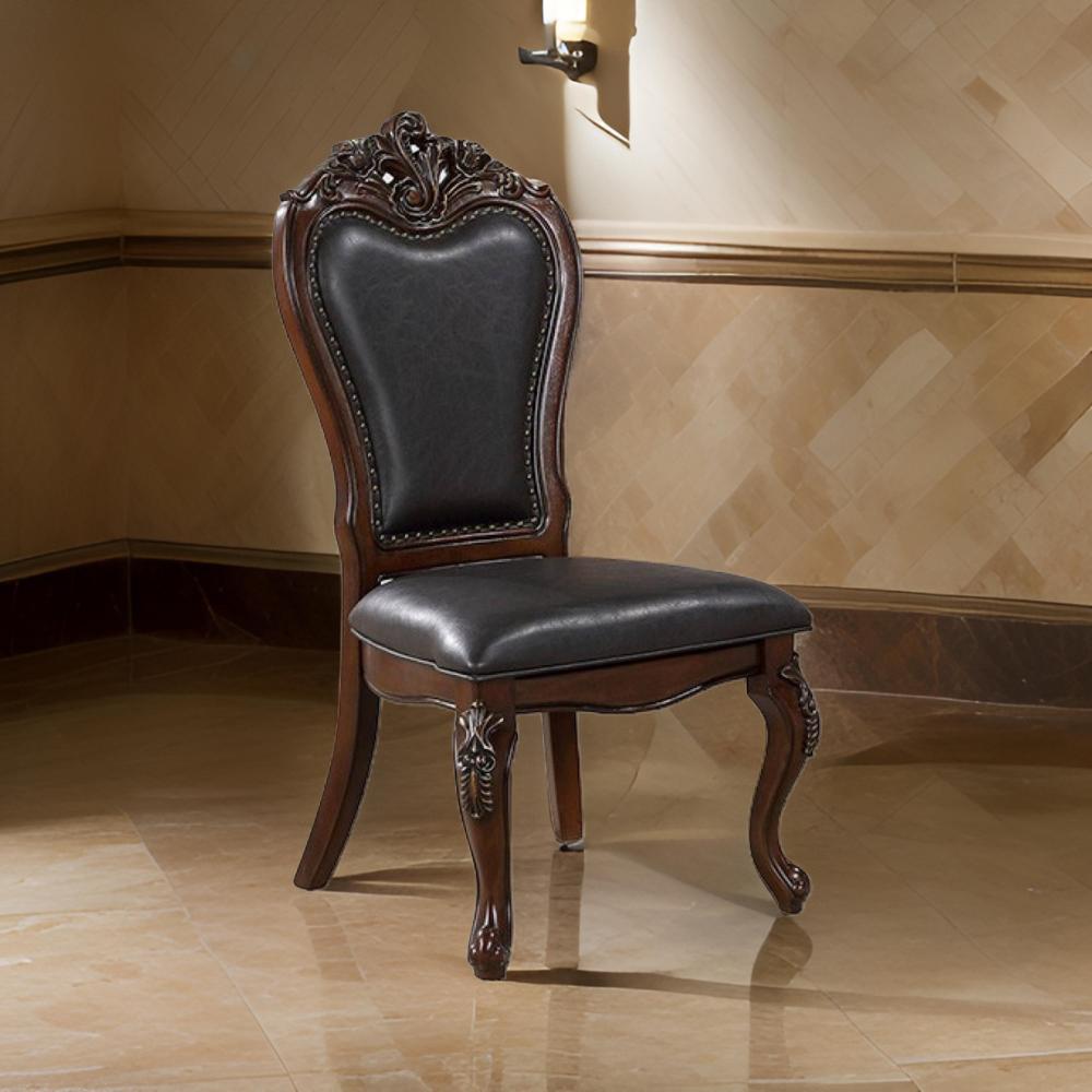 Benjara Zenie Dining Side Chair Set of 2, Cabriole Legs, Faux Leather, Cherry Brown