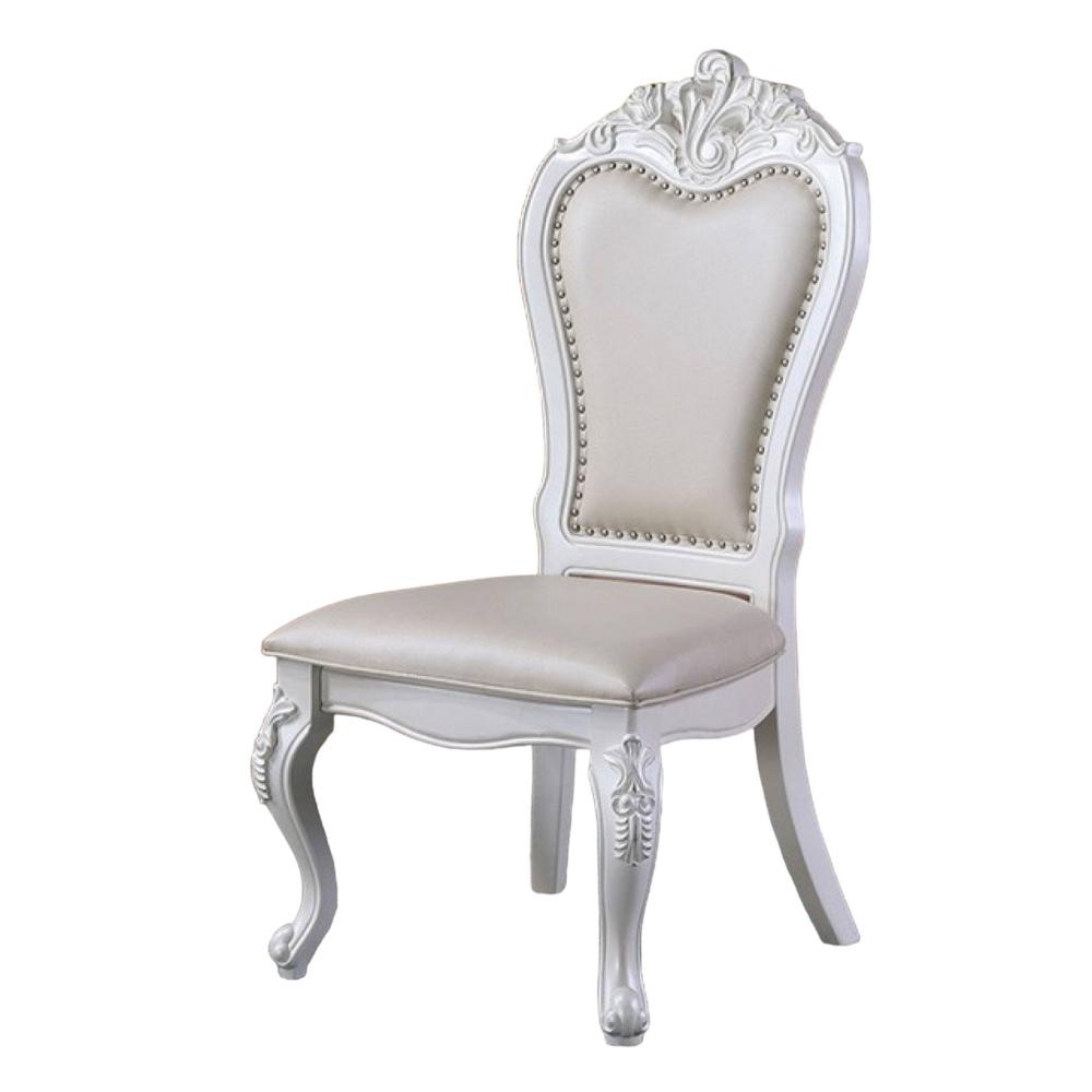 Benjara Zenie Dining Side Chair Set of 2, Carved Cabriole, Faux Leather, White Wood